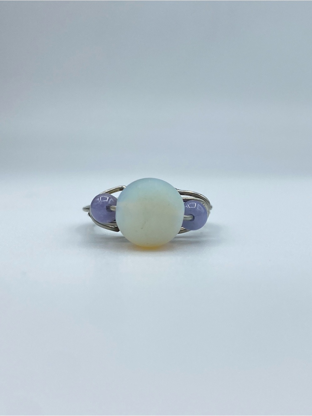 Handmade Wire Wrapped Opalite Ring with Tanzanite Accents Boho Statement Ring